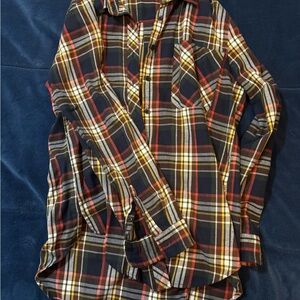 Women’s Navy Plaid Button-Down Shirt with Red & Yellow Accents